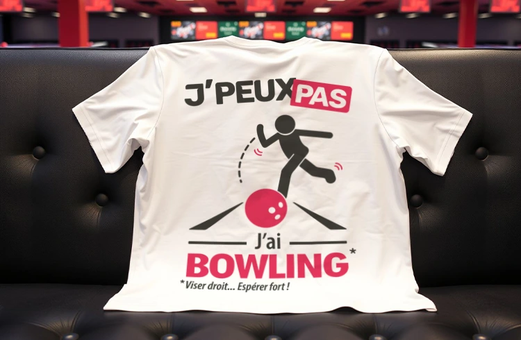 Zoom sur notre t-shirt blanc j'ai bowling