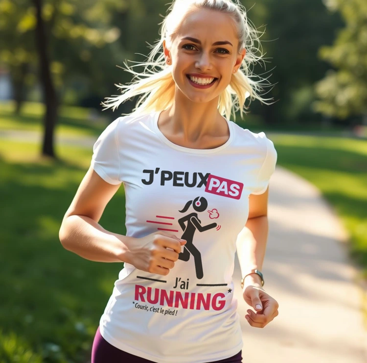 Courir avec le t-shirt respirant femme et le slogan j'peux pas, j'ai running !