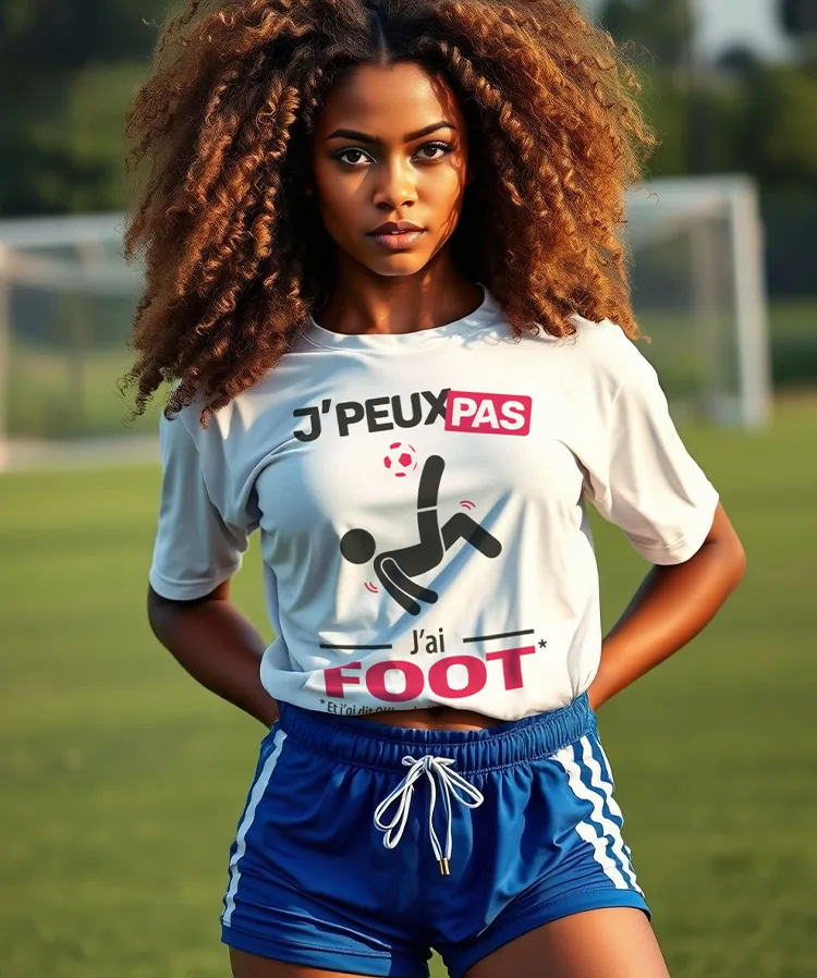 Footballeuse et sexy avec son t-shirt "je peux pas, j'ai foot"