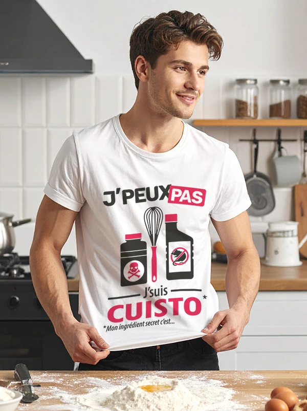 Exemple de personnalisation avec le slogan 'Je peux pas je suis cuisto'
