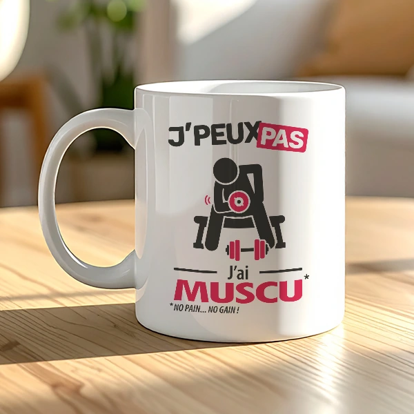 Mug 'je peux pas, j'ai muscu' pas cher et personnalisé pour anniversaire