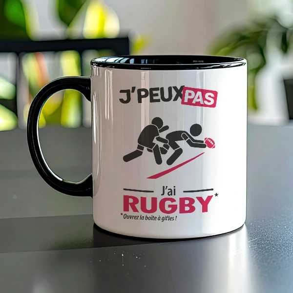 Cadeau anniversaire inoubliable : mug fun 'Je peux pas j’ai rugby'