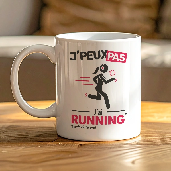 Idée cadeau anniversaire originale : mug 'je peux pas, j'ai running' pour femme