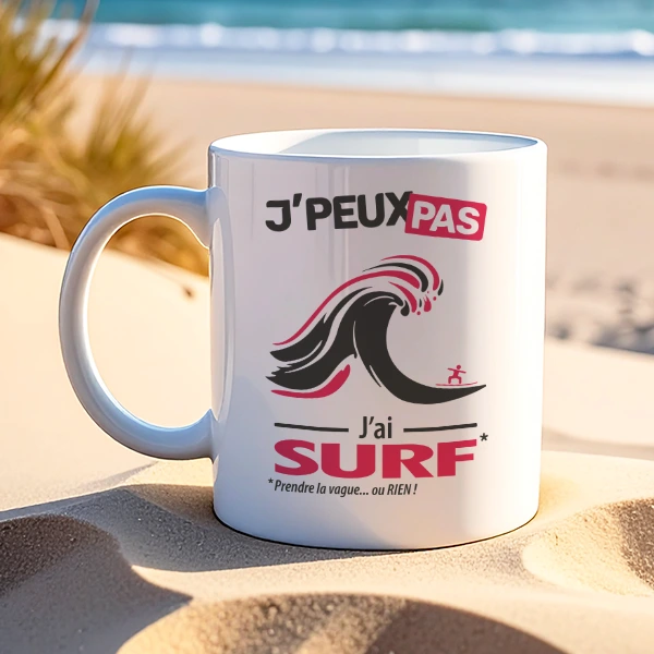 Mug rigolo à offrir en cadeau 'je peux pas, j'ai surf'