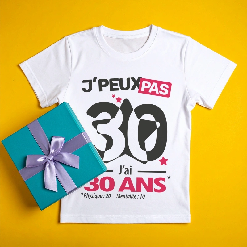 T-shirt humoristique 'Je peux pas j’ai 30 ans' et emballage cadeau pour fête d'anniversaire