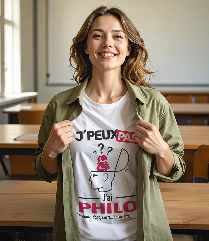 Jeune étudiante en philosophie avec son t-shirt je peux pas, j'ai philo