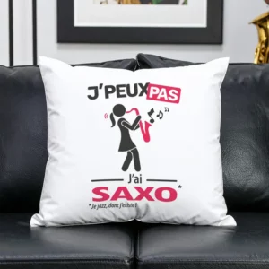 Coussin déco avec phrase drôle 'Je peux pas, j’ai saxo', style jazzy