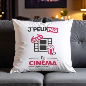 Coussin cadeau pour accrocs aux films avec design 'Je peux pas, j’ai cinéma'