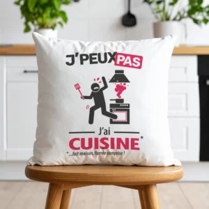 Coussin cadeau pour cuisinier ou pâtissier avec design 'Je peux pas, j’ai cuisine'