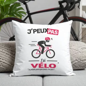 Coussin déco avec phrase drôle 'Je peux pas, j’ai vélo', style tendance et fun