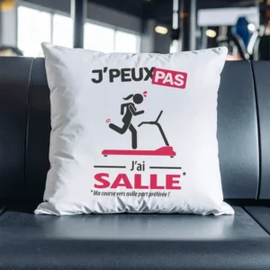 Coussin cadeau pour courir sur tapis avec design version femme 'Je peux pas, j’ai salle'