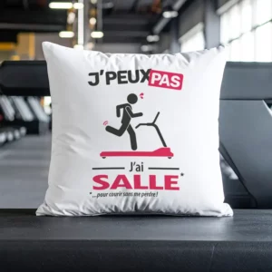 Coussin cadeau pour fans de tapis de course version homme 'Je peux pas, j’ai salle'