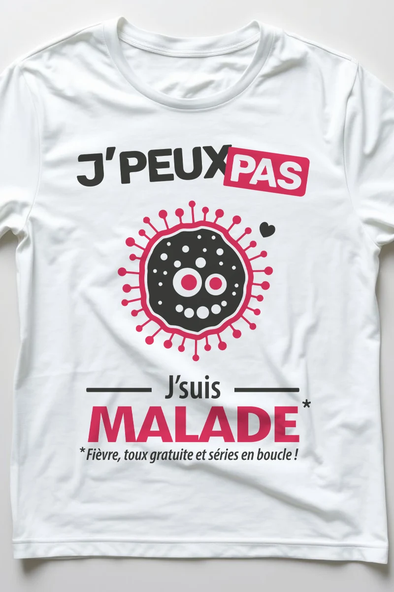 Détail du logo sur t-shirt “j’peux pas j’suis malade”