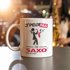 Mug avec citation humour 'Je peux pas, j’ai saxo', idée cadeau pour musicienne jazz