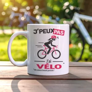 Mug avec citation humour 'Je peux pas, j’ai vélo', idée cadeau pour passionnées de cyclisme
