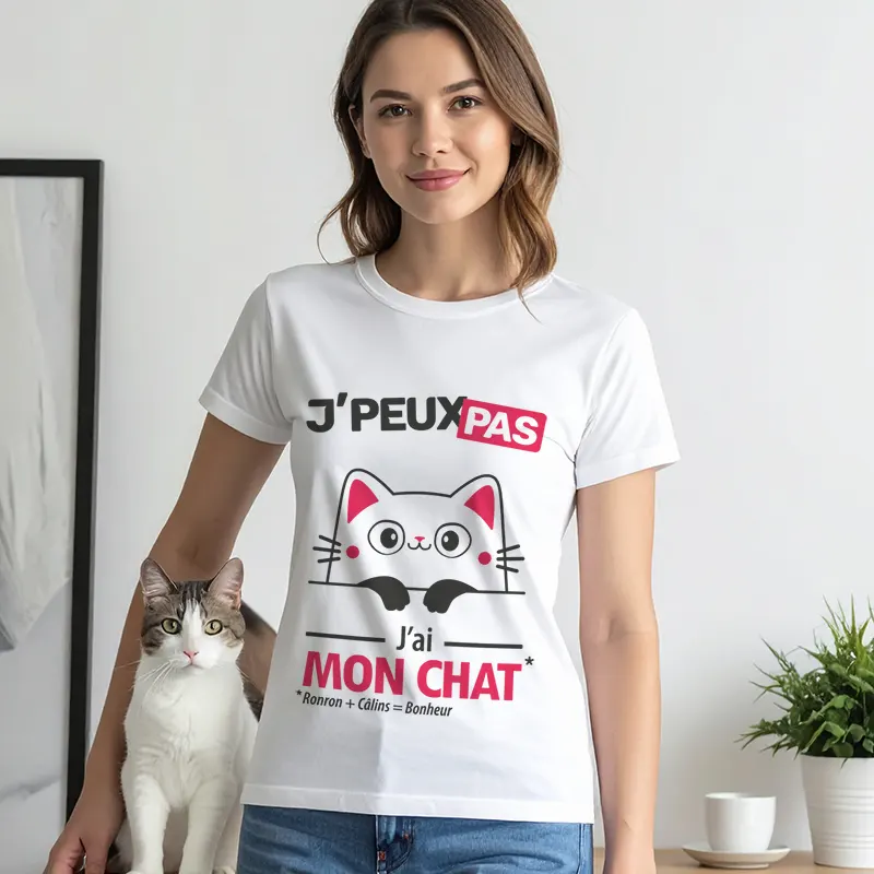 T-shirt femme drôle pour amoureuse de chaton avec impression 'Je peux pas, j’ai mon chat'