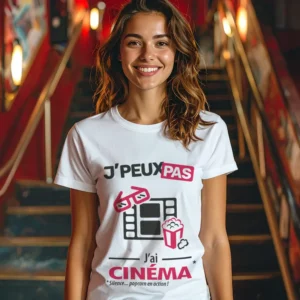 T-shirt femme drôle pour fan de films avec impression 'Je peux pas, j’ai cinéma'