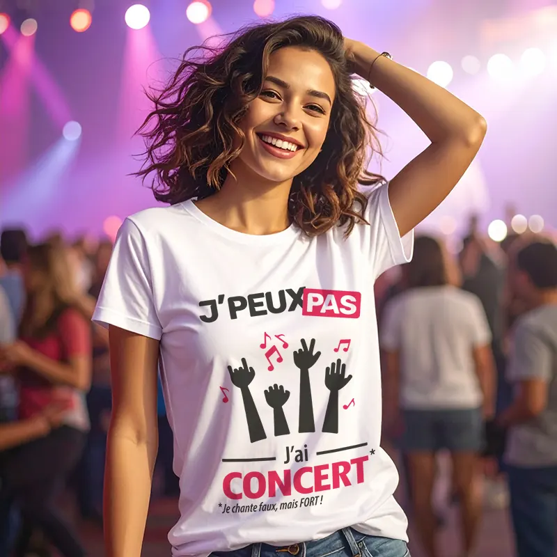 T-shirt femme fun pour chanter avec le slogan 'Je peux pas, j’ai concert'