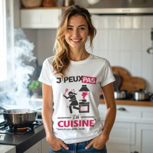 T-shirt femme drôle pour fan de gastronomie, imprimé 'Je peux pas, j’ai cuisine'