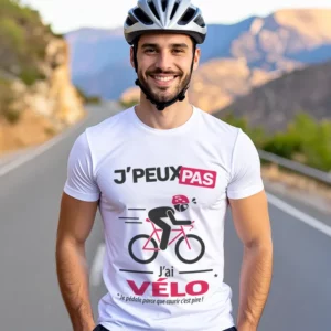 Design humoristique 'Je peux pas, j’ai vélo' imprimé sur t-shirt blanc