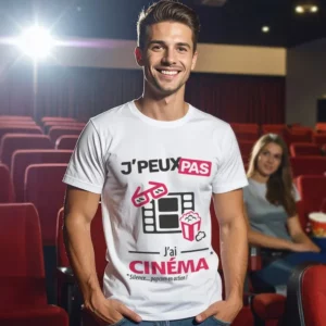Design humoristique 'Je peux pas, j’ai cinéma' imprimé sur t-shirt blanc premium