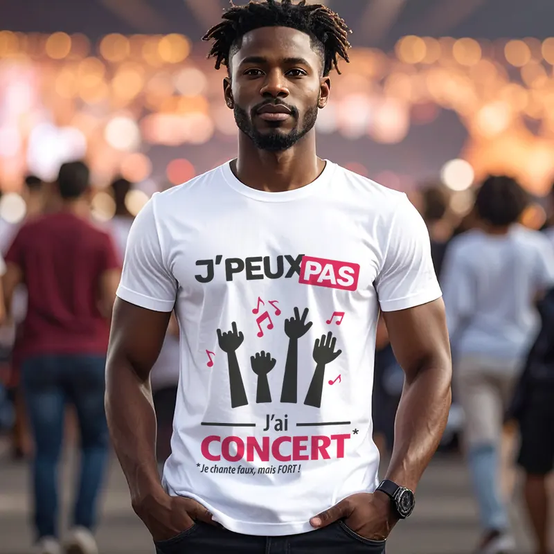Dessin tendance 'Je peux pas, j’ai concert' imprimé sur t-shirt blanc pour homme