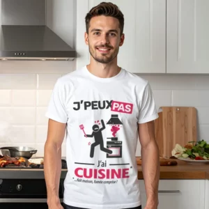 Design humoristique 'Je peux pas, j’ai cuisine' imprimé sur t-shirt blanc