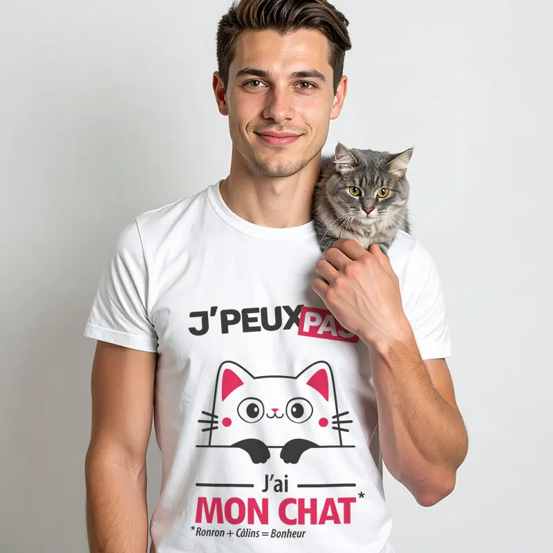 Design humoristique 'Je peux pas, j’ai mon chat' imprimé sur t-shirt blanc personnalisé
