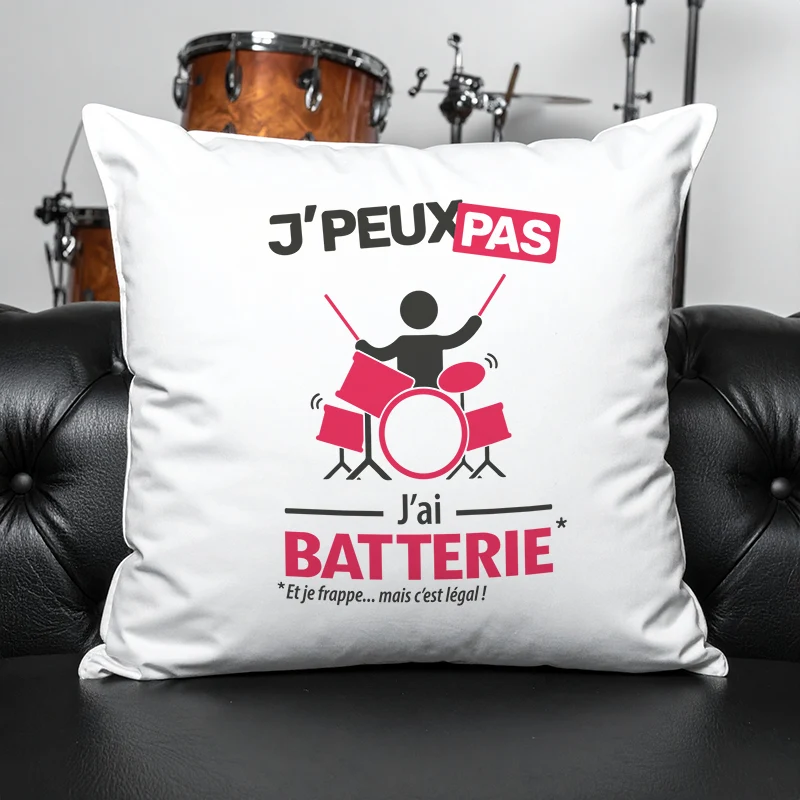 Coussin cadeau pour hommes batteurs avec design 'Je peux pas, j’ai batterie'