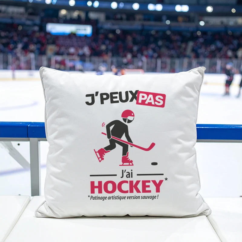 Coussin cadeau pour hommes hockeyeurs avec design 'Je peux pas, j’ai hockey'