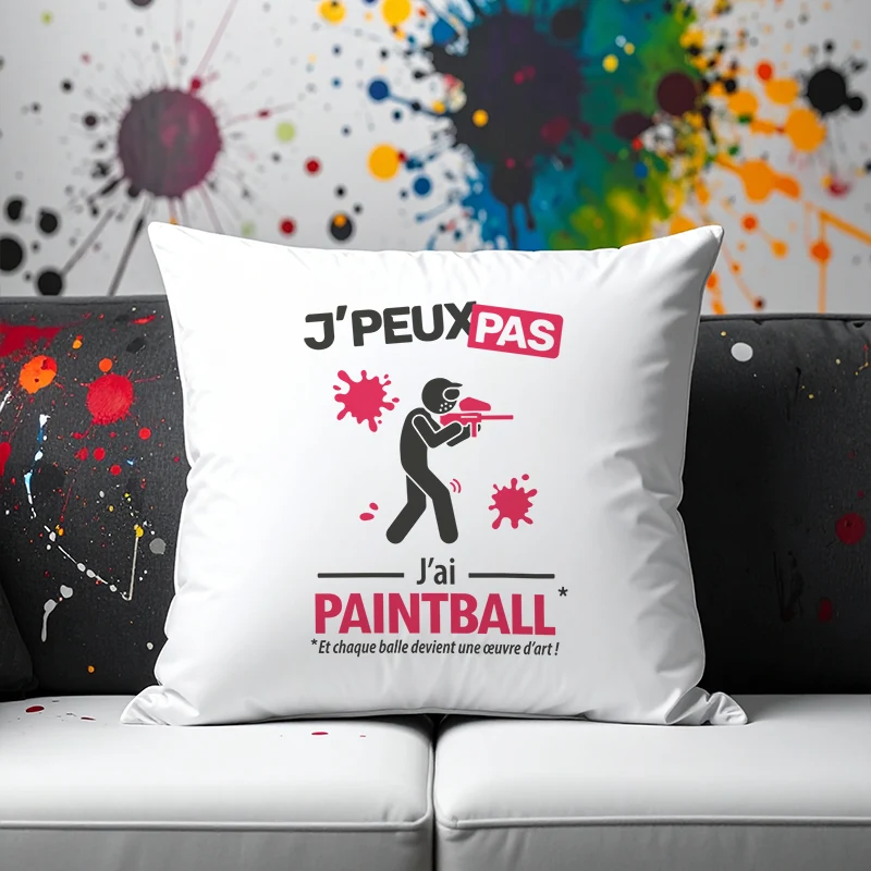 Coussin cadeau pour hommes tireurs avec design 'Je peux pas, j’ai paintball'