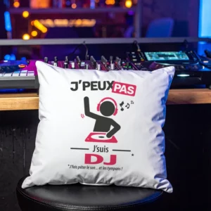 Coussin cadeau pour hommes deejays avec design 'Je peux pas, je suis DJ'