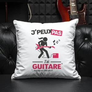 Coussin cadeau pour gratter avec design version femme 'Je peux pas, j’ai guitare électrique'