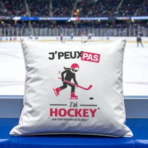 Coussin cadeau pour les hockeyeuses avec design version femme 'Je peux pas, j’ai hockey'