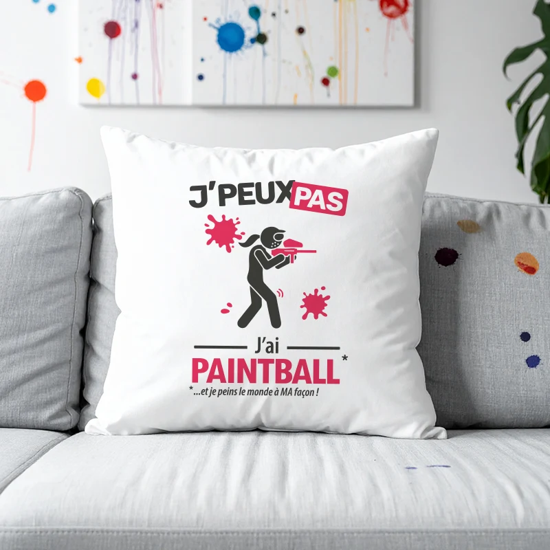 Coussin cadeau pour les guerrières avec design version femme 'Je peux pas, j’ai paintball'