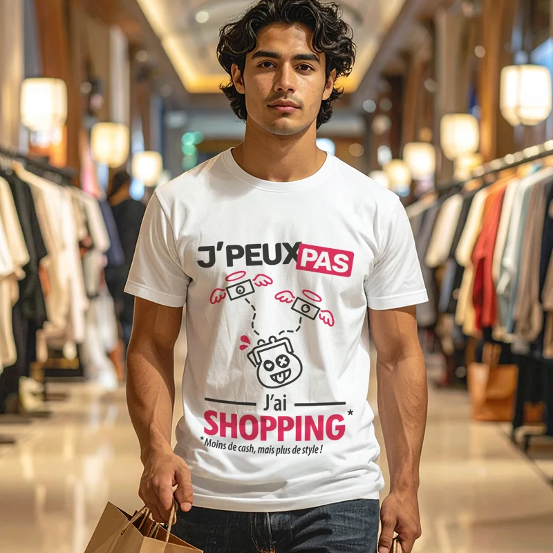 Idée cadeau 'Je peux pas, j’ai shopping' imprimé sur t-shirt pour homme fun