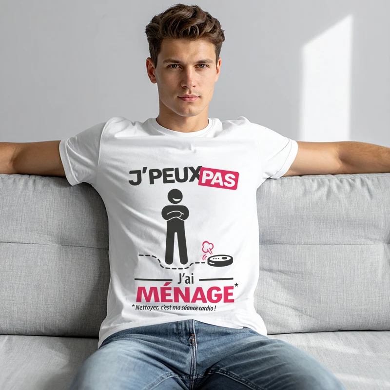 Idée cadeau 'Je peux pas, j’ai ménage' imprimé sur t-shirt pour homme tranquille