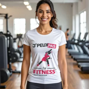 Design humoristique 'Je peux pas, j’ai fitness' imprimé sur t-shirt blanc pour femme