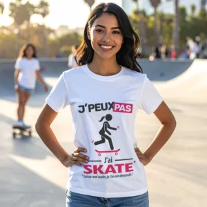 Design humoristique 'Je peux pas, j’ai skate' imprimé sur t-shirt blanc version femme