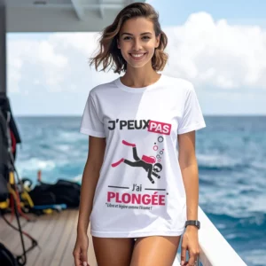 Design humour 'Je peux pas, j’ai plongée' imprimé sur t-shirt blanc pour femme
