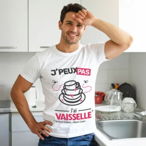 Idée originale 'Je peux pas, j’ai vaisselle' imprimée sur t-shirt pour homme fainéant