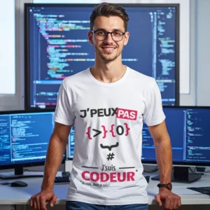 Idée originale 'Je peux pas, je suis codeur' imprimée sur t-shirt pour homme qui programme