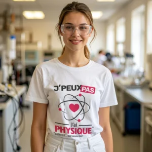 Dessin humoristique 'Je peux pas, j’ai physique' imprimé sur t-shirt blanc pour femme