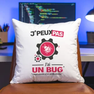 Coussin cadeau geek original avec 'Je peux pas, j'ai un bug' imprimé dessus