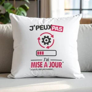 Coussin cadeau original pour geeks avec 'Je peux pas, j'ai mise à jour'