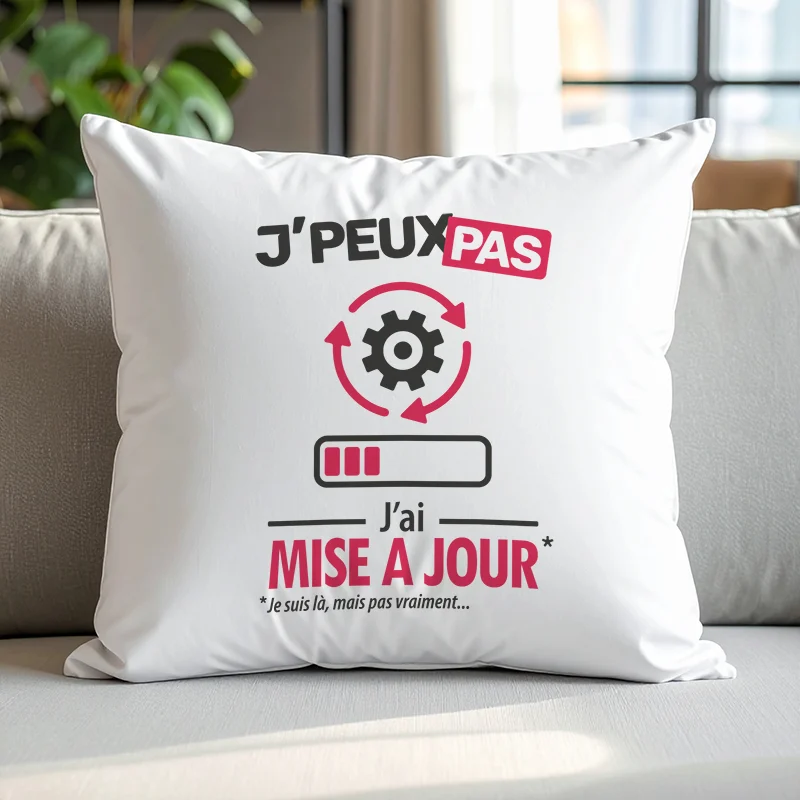 Coussin cadeau original pour geeks avec 'Je peux pas, j'ai mise à jour'