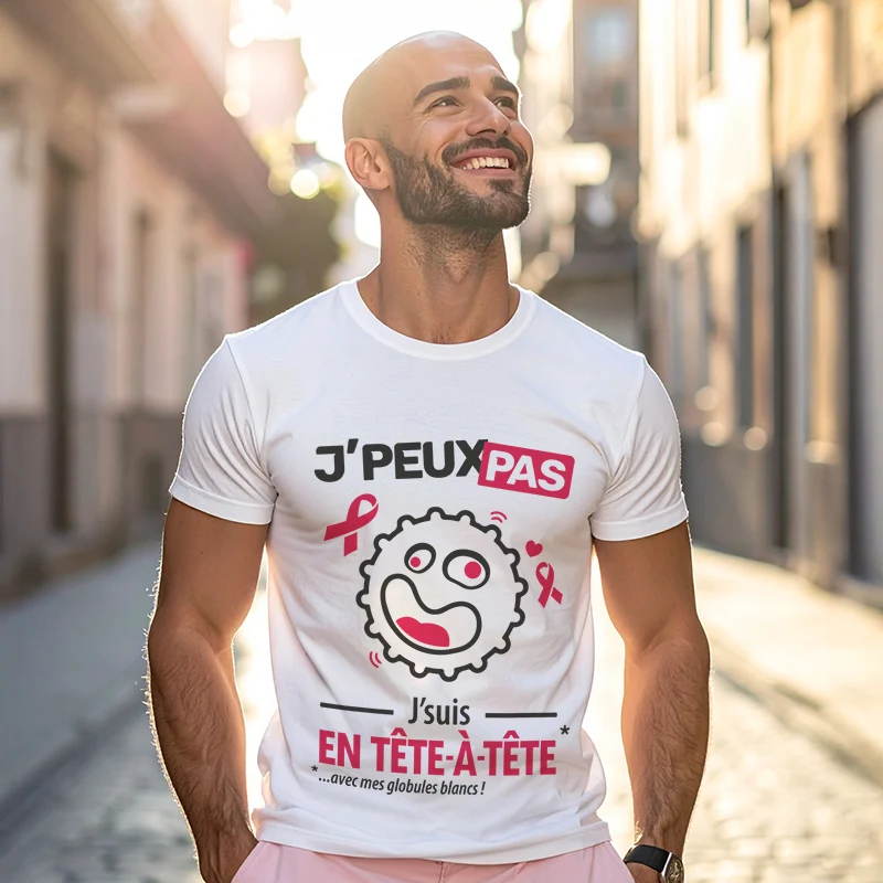 T-shirt humoristique contre le cancer 'je peux pas, je suis en tête à tête'