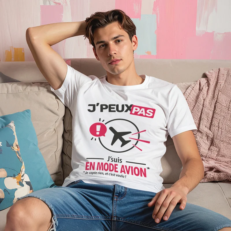 T-shirt à offrir 'Je peux pas, j’suis en mode avion' pour homme qui capte pas