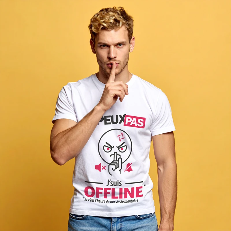 Cadeau original avec impression sur t-shirt 'je peux pas j'suis offline'