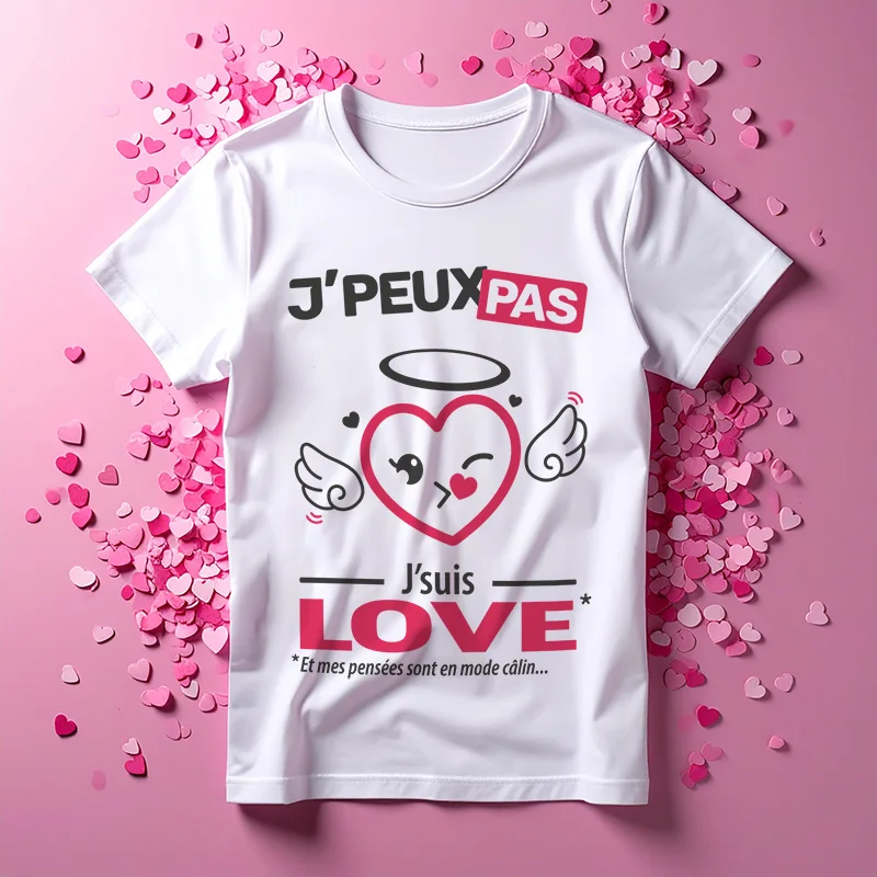 T-shirt humoristique 'Je peux pas j’suis love' en cadeau original pour fêter les couples amoureux